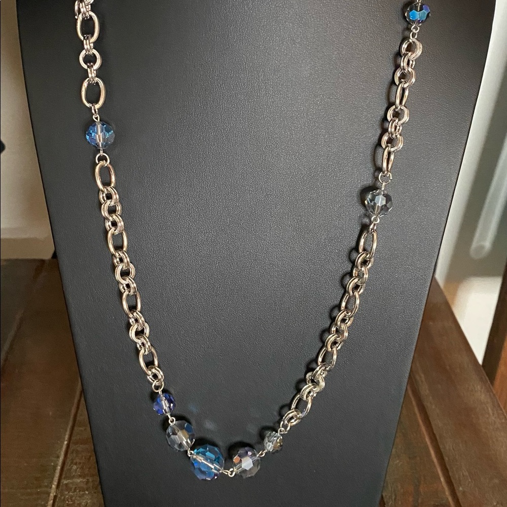 New. Necklace with earrings. Blue like crystals. Silver tone chain. Iridescent.